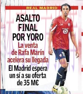 西媒:皇马愿4000万欧求购约罗 里尔要价6000万欧